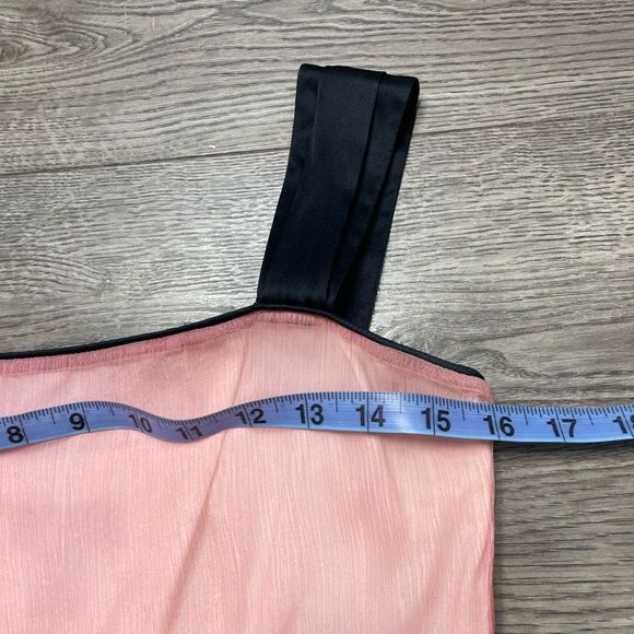 BEBE Pink Black Silk Dress Ruffle Sheer Formal Size 6 Small Midi Length - Picture 9 of 11